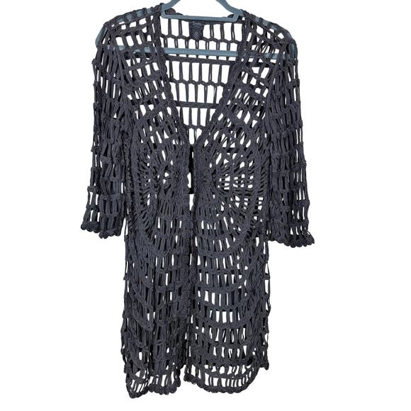 Travelers by Chico's Sweaters - Chico’s Travelers Charcoal Plum Crochet Open Front Cardigan Longline Rayon